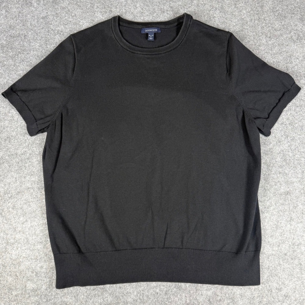 Lands End Womens XL Tall Black Short Sleeve Crew Neck Knit Sweater 421939